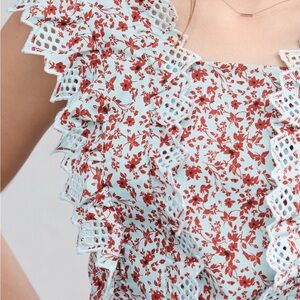 Floral Lace Trim Blouse - Red and White